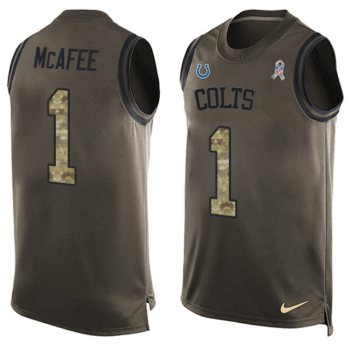 Men's Limited Pat McAfee Nike Jersey Green - #1 Salute to Service Tank Top NFL Indianapolis Colts